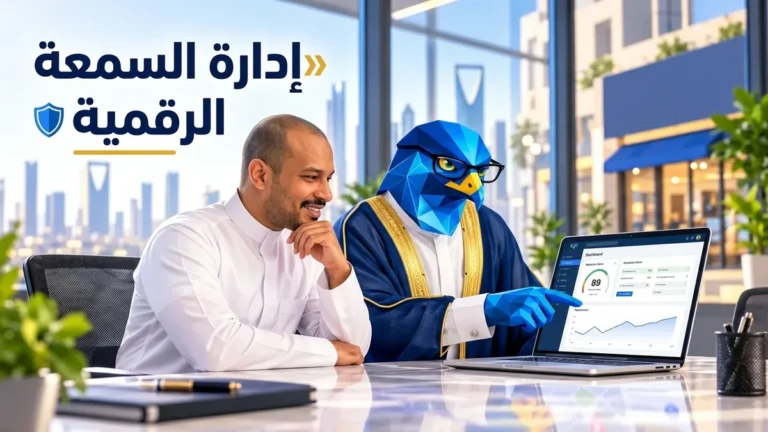 المدير التنفيذي باسم بملامحه المعتمدة بالثوب السعودي وأفاتار رجل الصقر بالبشت الكحلي الملكي والنظارات في مكتب تنفيذي مشرق بالرياض مع عنوان إدارة السمعة الرقمية