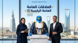 غلاف مقال أفضل شركة علاقات عامة وتوزيع البيانات الصحفية في السعودية يظهر دعاء ورجل الصقر في قاعة إعلامية بالرياض مع عنوان العلاقات العامة الرقمية