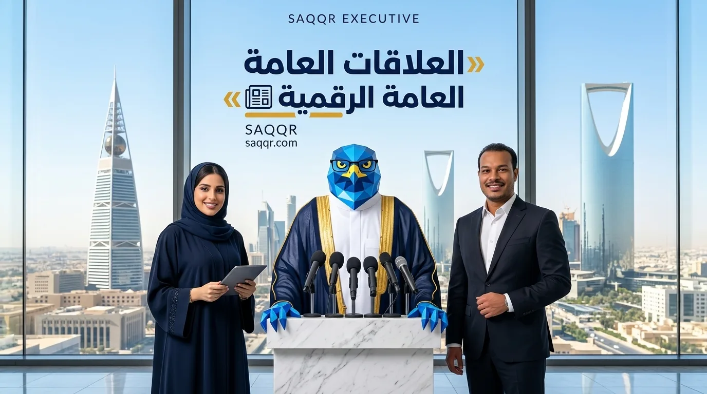 غلاف مقال أفضل شركة علاقات عامة وتوزيع البيانات الصحفية في السعودية يظهر دعاء ورجل الصقر في قاعة إعلامية بالرياض مع عنوان العلاقات العامة الرقمية