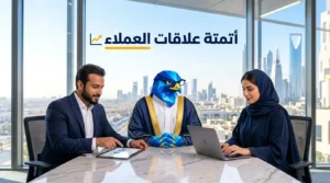 غلاف مقال أفضل شركة إدارة علاقات العملاء وأتمتة التسويق في السعودية يظهر دعاء ورجل الصقر وباسم في مركز عمليات رقمي سحابي بالرياض مع عنوان أتمتة علاقات العملاء