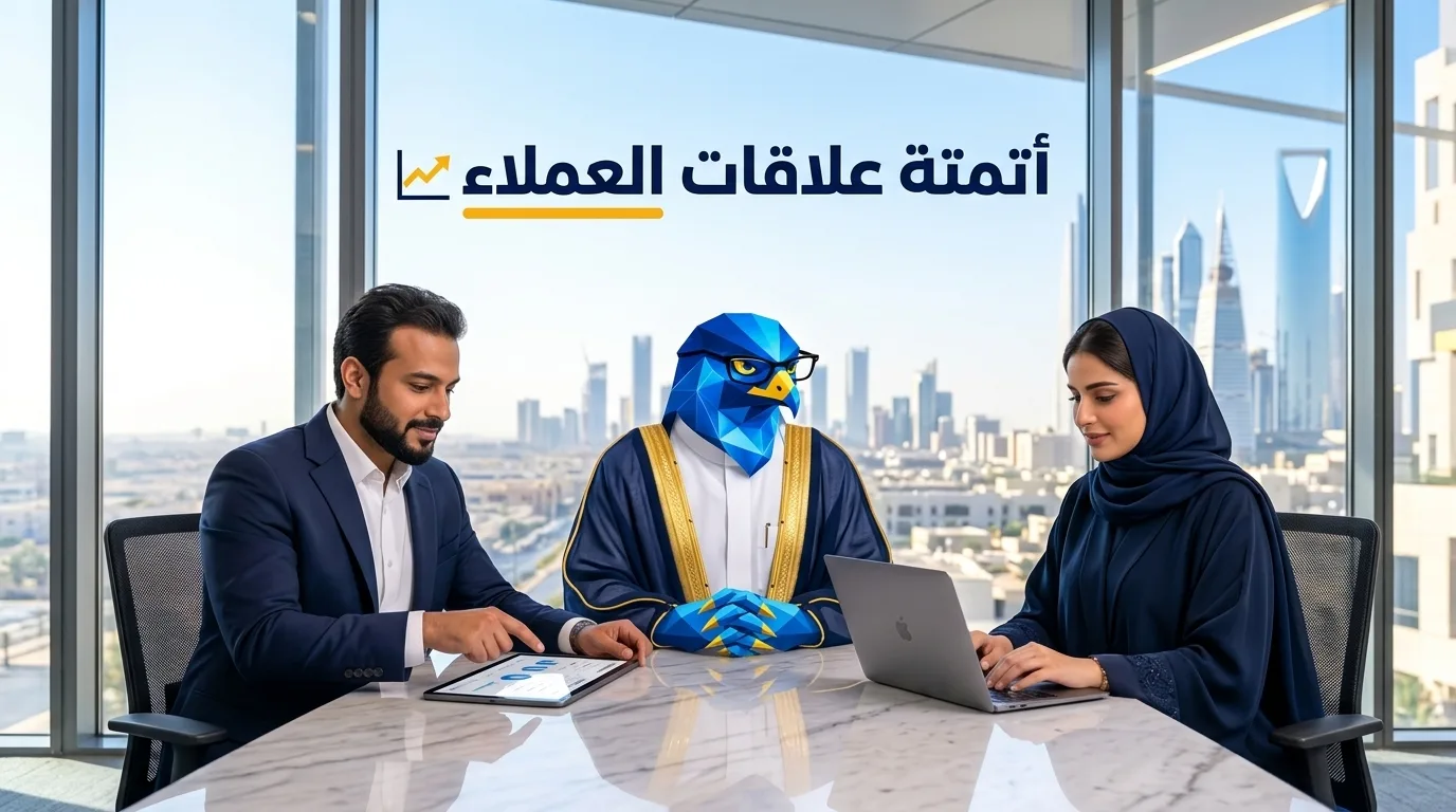 غلاف مقال أفضل شركة إدارة علاقات العملاء وأتمتة التسويق في السعودية يظهر دعاء ورجل الصقر وباسم في مركز عمليات رقمي سحابي بالرياض مع عنوان أتمتة علاقات العملاء