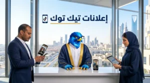 غلاف مقال أفضل شركة إعلانات تيك توك في السعودية يظهر دعاء ورجل الصقر وباسم في استوديو إنتاج رقمي بالرياض مع عنوان إعلانات تيك توك