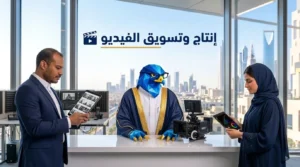 غلاف مقال أفضل شركة إنتاج وتسويق الفيديو في السعودية يظهر دعاء ورجل الصقر وباسم في استوديو إنتاج سينمائي بالرياض مع عنوان إنتاج وتسويق الفيديو