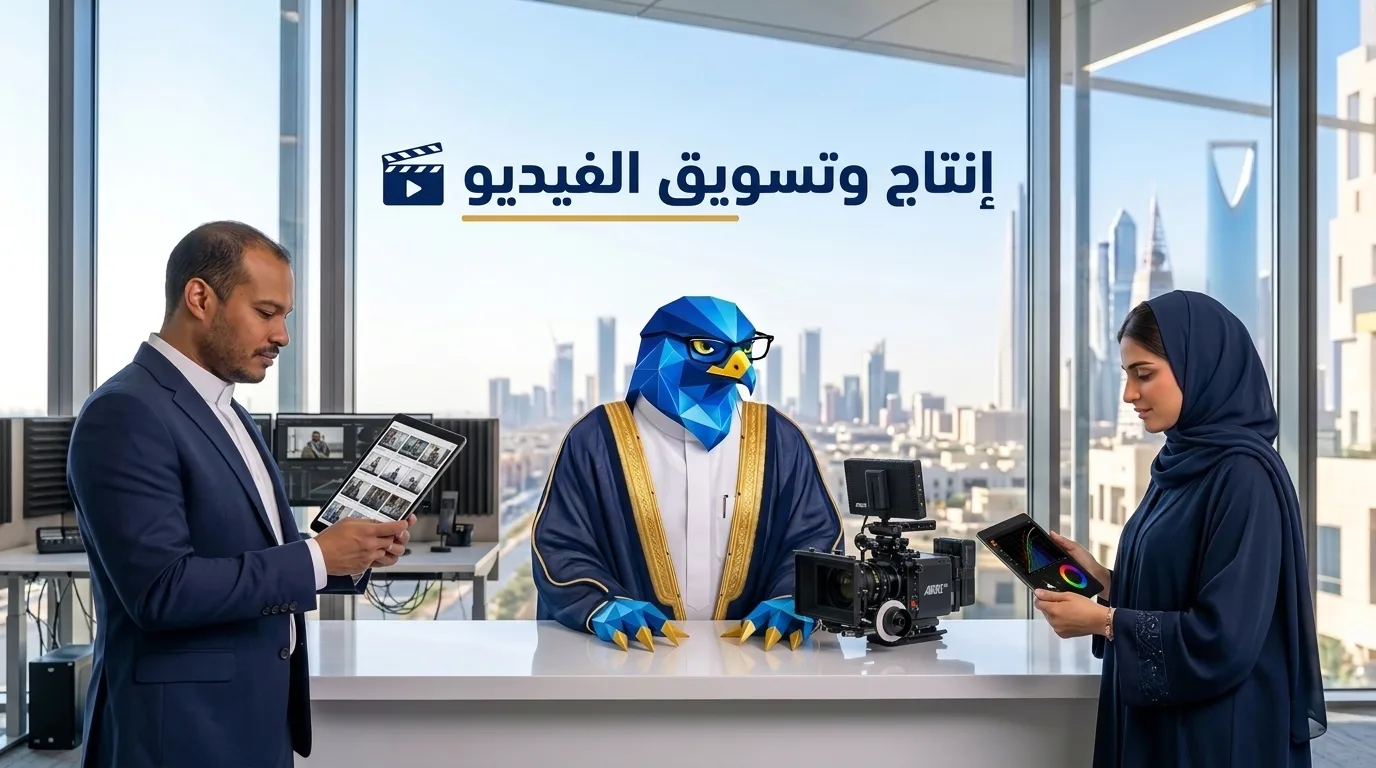 غلاف مقال أفضل شركة إنتاج وتسويق الفيديو في السعودية يظهر دعاء ورجل الصقر وباسم في استوديو إنتاج سينمائي بالرياض مع عنوان إنتاج وتسويق الفيديو