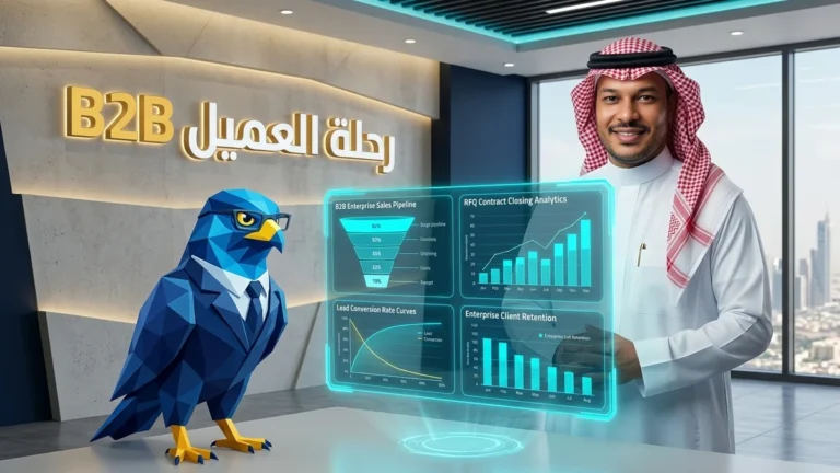 تنفيذي سعودي مع تميمة الصقر الزرقاء يحللان مسارات رحلة العميل الرقمية ومعدلات إغلاق الصفقات B2B في الرياض