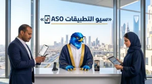 غلاف مقال أفضل شركة تحسين ظهور التطبيقات ASO في السعودية يظهر دعاء ورجل الصقر وباسم في معمل تحليلات تطبيقات الجوال بالرياض مع عنوان سيو التطبيقات ASO