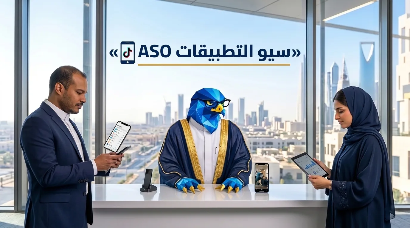 غلاف مقال أفضل شركة تحسين ظهور التطبيقات ASO في السعودية يظهر دعاء ورجل الصقر وباسم في معمل تحليلات تطبيقات الجوال بالرياض مع عنوان سيو التطبيقات ASO