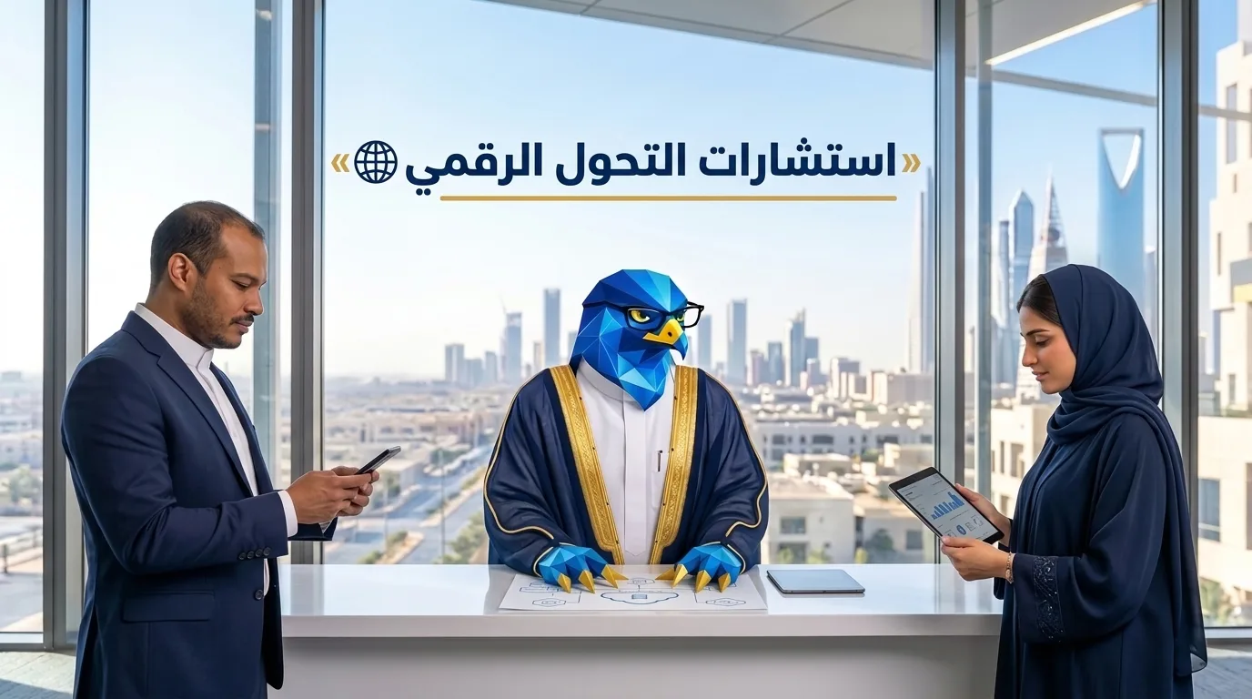 غلاف مقال أفضل شركة استشارات التحول الرقمي في السعودية يظهر دعاء ورجل الصقر وباسم في مركز قيادة التحول الرقمي بالرياض مع عنوان استشارات التحول الرقمي