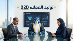 غلاف مقال أفضل شركة توليد العملاء المحتملين Lead Generation في السعودية يظهر باسم ودعاء ورجل الصقر في قاعة اجتماعات مركز كافد بالرياض مع لوحة تحليلات الصفقات B2B