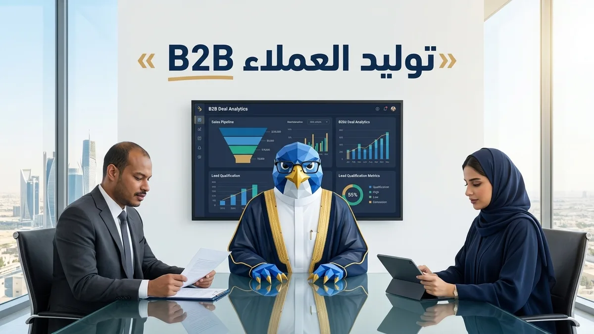 غلاف مقال أفضل شركة توليد العملاء المحتملين Lead Generation في السعودية يظهر باسم ودعاء ورجل الصقر في قاعة اجتماعات مركز كافد بالرياض مع لوحة تحليلات الصفقات B2B
