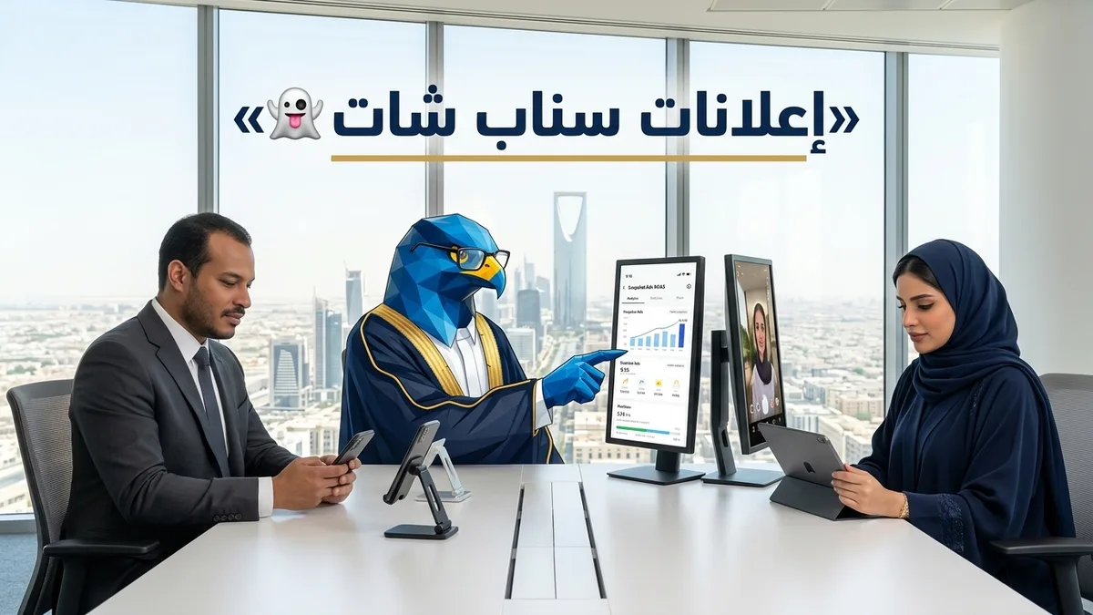 غلاف مقال أفضل شركة إعلانات سناب شات في السعودية يظهر باسم ودعاء ورجل الصقر في معمل الإنتاج الإعلاني بمركز كافد بالرياض مع هواتف ذكية وشاشات عمودية