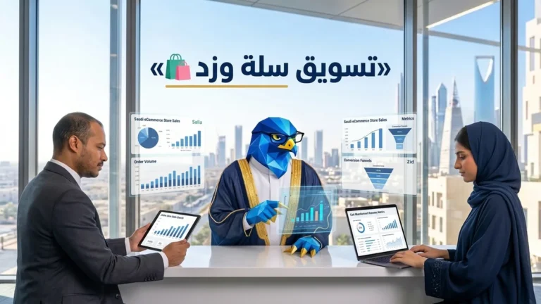 غلاف مقال أفضل شركة تسويق متاجر سلة وزد في السعودية يظهر باسم ودعاء ورجل الصقر في مركز قيادة نمو المتاجر بمركز كافد بالرياض مع لوحات مبيعات سلة وزد