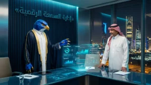 غلاف مقال أفضل شركة إدارة السمعة والامتثال الرقمي وحماية البيانات في السعودية يظهر تميمة الصقر ورجل أعمال سعودي أمام لوحات رصد السمعة بمركز كافد بالرياض