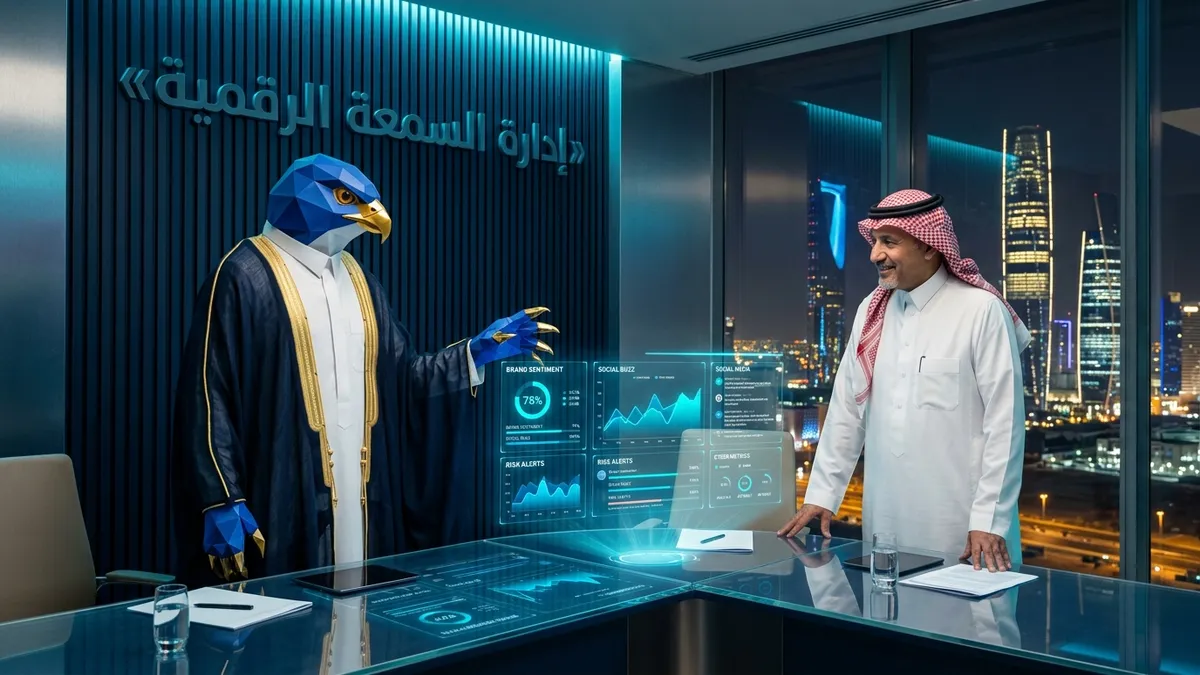 غلاف مقال أفضل شركة إدارة السمعة والامتثال الرقمي وحماية البيانات في السعودية يظهر تميمة الصقر ورجل أعمال سعودي أمام لوحات رصد السمعة بمركز كافد بالرياض