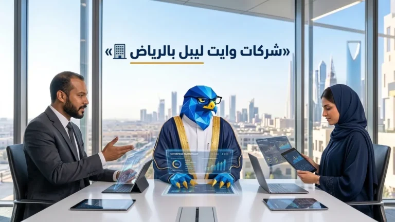غلاف مقال أفضل شركات وايت ليبل تسويق رقمي في الرياض يظهر باسم ودعاء ورجل الصقر في كافد بالرياض