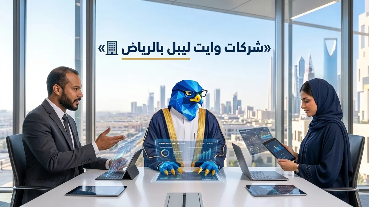 غلاف مقال أفضل شركات وايت ليبل تسويق رقمي في الرياض يظهر باسم ودعاء ورجل الصقر في كافد بالرياض