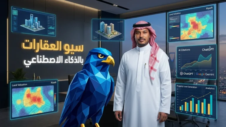 شاب سعودي بالثوب والشماغ مع تميمة صقر زرقاء يحللان محركات البحث بالذكاء الاصطناعي ونماذج التوليد للعقارات في الرياض