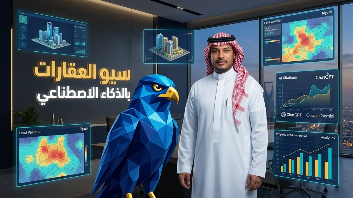 شاب سعودي بالثوب والشماغ مع تميمة صقر زرقاء يحللان محركات البحث بالذكاء الاصطناعي ونماذج التوليد للعقارات في الرياض