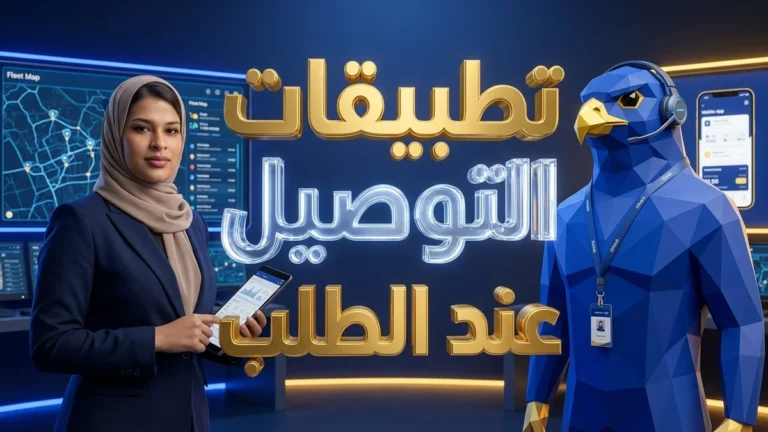 مديرة عمليات سعودية بالحجاب الأنيق مع تميمة الصقر الزرقاء المزودة بسماعة رأس في غرفة تحكم لوجستية لمتابعة تطبيقات التوصيل بالرياض