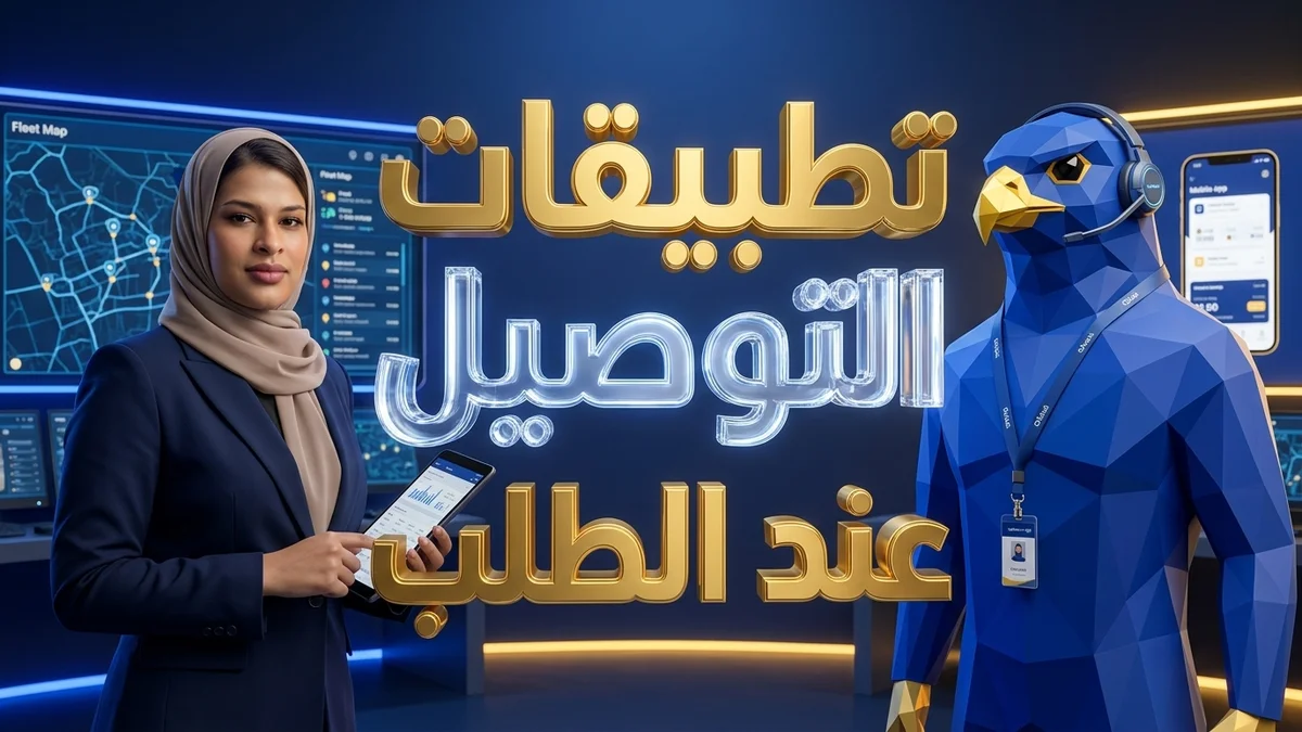 مديرة عمليات سعودية بالحجاب الأنيق مع تميمة الصقر الزرقاء المزودة بسماعة رأس في غرفة تحكم لوجستية لمتابعة تطبيقات التوصيل بالرياض