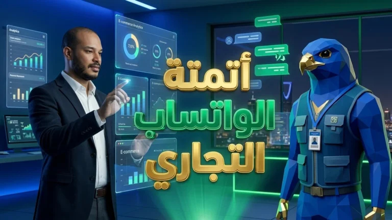 رائد أعمال تقني سعودي بالسترة الرسمية مع تميمة الصقر الزرقاء بسترة تكتيكية يحللان تدفقات التجارة عبر واتساب في الرياض