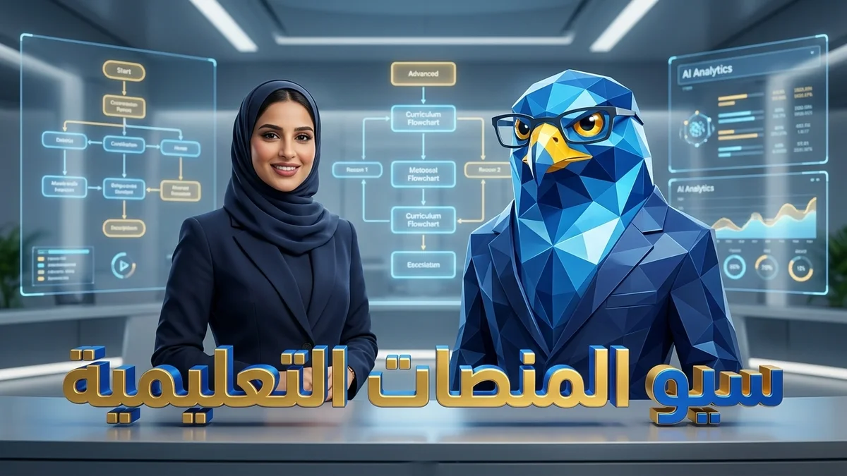 المديرة الأكاديمية السعودية بالحجاب الرسمي مع تميمة الصقر الزرقاء الهندسية يحللان استراتيجيات سيو المنصات التعليمية في الرياض