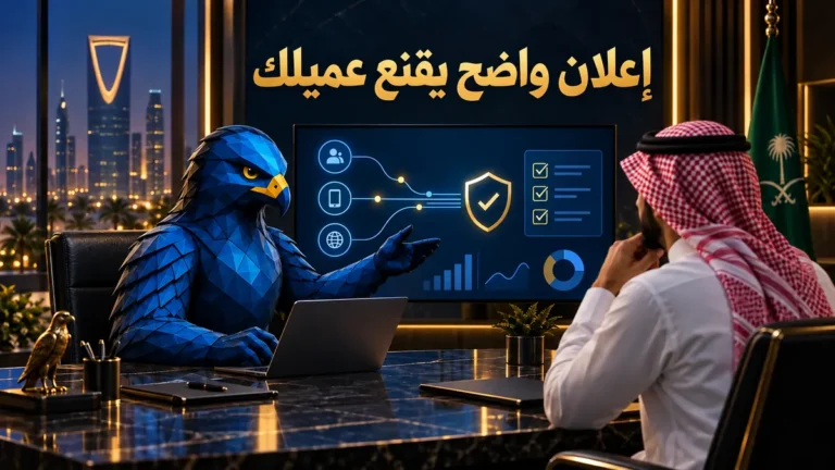 رجل الصقر الأزرق يناقش كتابة إعلان بحث واضح مع رجل سعودي في مكتب عصري