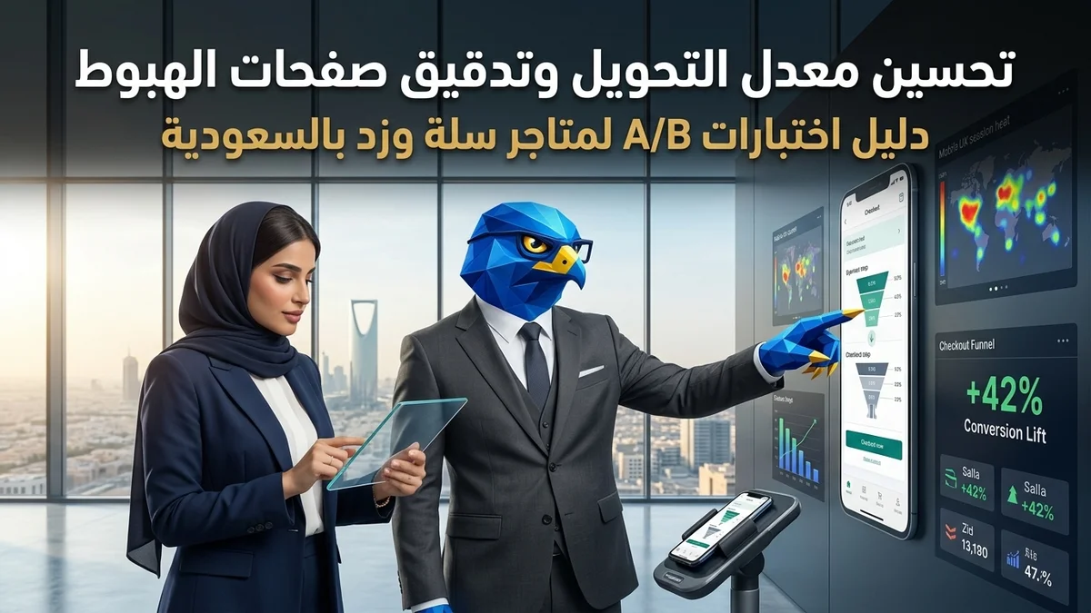 دليل تحسين معدل التحويل وتدقيق صفحات الهبوط لمتاجر سلة وزد بالسعودية مع وكالة الصقر
