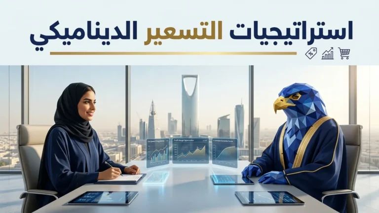 الموديل السعودية المعتمدة ورجل الصقر الأفاتار يناقشان استراتيجيات التسعير الديناميكي في كافد الرياض بنوافذ مطلة على برج المملكة