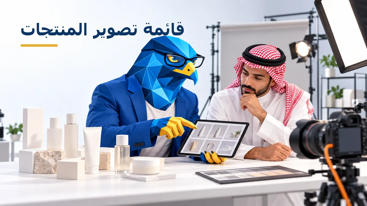 رجل الصقر الأزرق يساعد صاحب متجر سعودي في تخطيط تصوير منتجات داخل استوديو حديث
