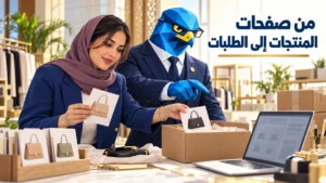 دعاء ورجل الصقر يراجعان نسخ المنتجات وتجهيز الطلب في متجر إلكتروني سعودي