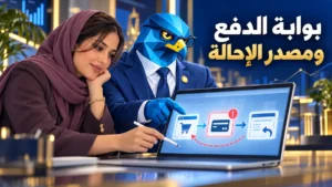 دعاء ورجل الصقر الأزرق الهندسي المعتمد يفحصان على حاسوب مسار عودة المتسوق من بوابة الدفع إلى متجر سعودي