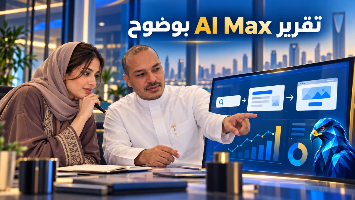 مختص ومختصة سعوديان يراجعان معًا لوحة تقارير الإعلانات في مكتب عصري، مع أفاتار الصقر الأزرق