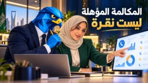 دعاء بحجاب بيج وبليزر أخضر ورجل الصقر الأزرق الهندسي ببدلة كحلية يراجعان لوحة مكالمات إعلانات جوجل في مكتب سعودي عصري