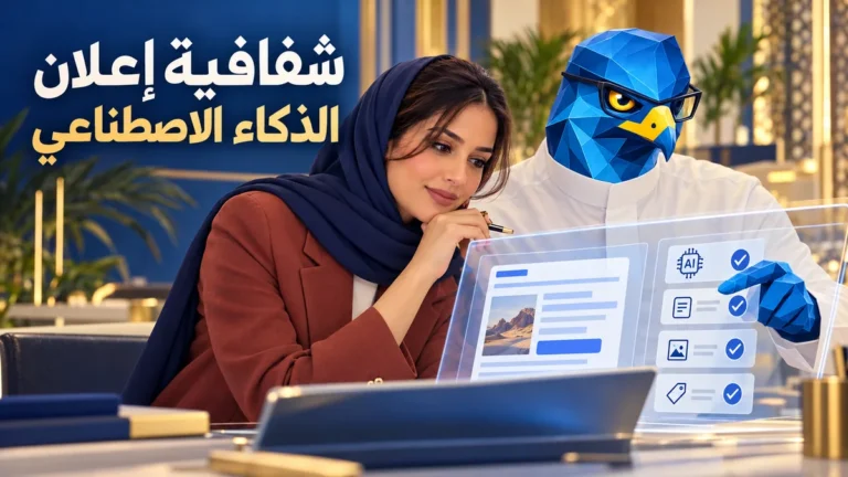 دعاء بحجاب كحلي وبليزر طوبي ورجل الصقر الهندسي الأزرق بثوب سعودي يراجعان شفافية إعلان منشأ بالذكاء الاصطناعي