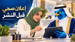 دعاء بحجاب أخضر ساتر وبليزر عاجي ورجل الصقر الأزرق الهندسي بثوب وبشت سعودي يراجعان إعلانًا صحيًا على جهاز لوحي في منشأة عصرية