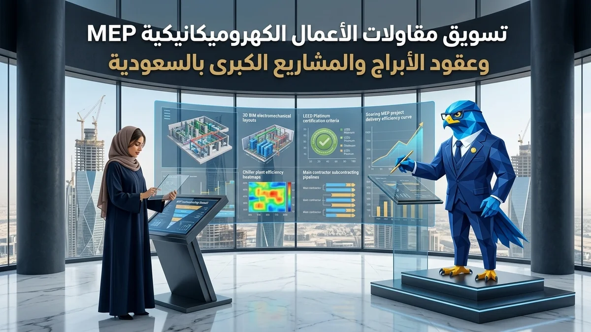 دليل تسويق شركات المقاولات الكهروميكانيكية MEP وحلول البنية التحتية للأبراج في السعودية وعقود المشاريع الكبرى والمجمعات التجارية