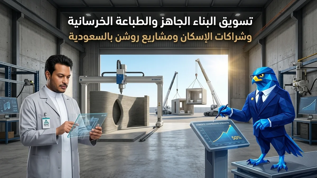 دليل تسويق مصانع البناء الجاهز والطباعة ثلاثية الأبعاد للخرسانة في السعودية وعقود الوطنية للإسكان ومشاريع روشن