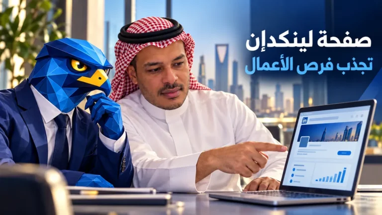 مدير سعودي بثوب وشماغ يناقش صفحة شركته على لينكدإن مع أفاتار الصقر الأزرق في مكتب عصري