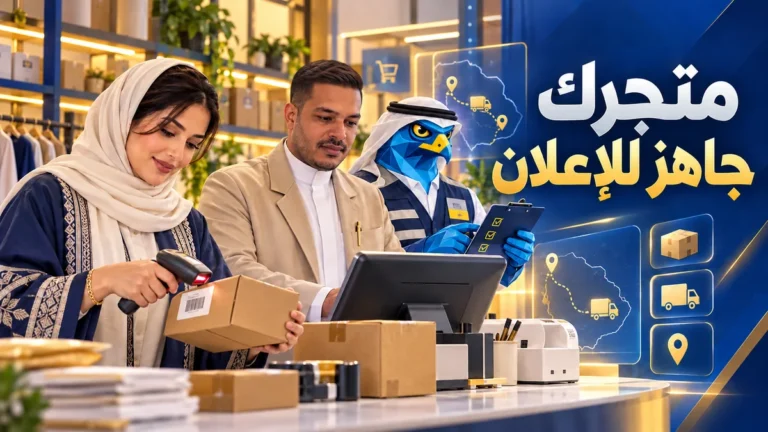 دعاء وباسم ورجل الصقر يراجعون شحنة متجر إلكتروني سعودي قبل إطلاق إعلانات جوجل