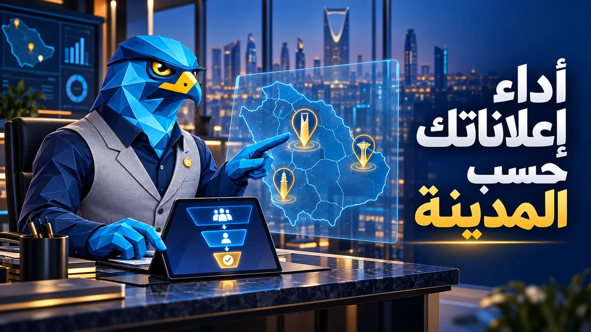رجل الصقر يحلل أداء إعلانات جوجل حسب المدن السعودية على خريطة ولوحة للطلبات المؤهلة