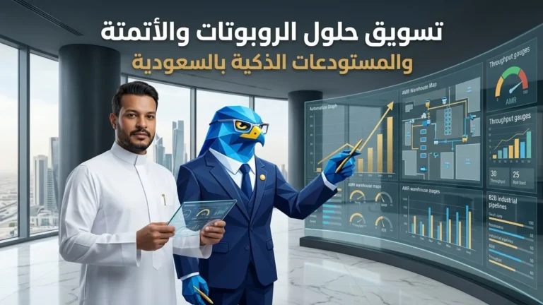 دليل تسويق حلول الروبوتات وأتمتة المستودعات والمصانع الذكية B2B وعقود الثورة الصناعية الرابعة بالسعودية AGV AMR