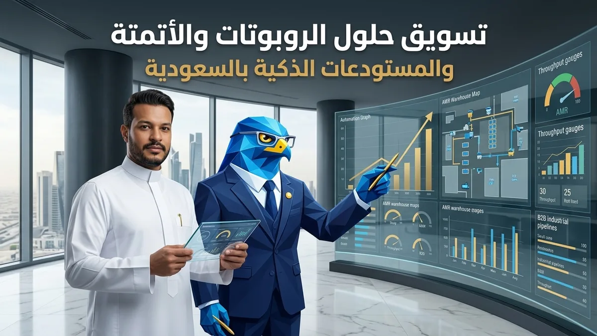 دليل تسويق حلول الروبوتات وأتمتة المستودعات والمصانع الذكية B2B وعقود الثورة الصناعية الرابعة بالسعودية AGV AMR