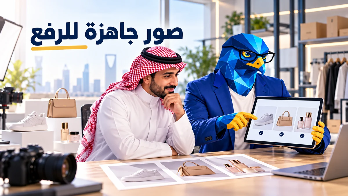 أفاتار رجل الصقر الأزرق يراجع معرض صور المنتجات مع تاجر سعودي في استوديو حديث
