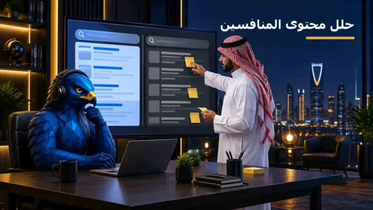 مسوق سعودي يراجع صفحات نتائج البحث على شاشة في مكتب حديث وبجواره أفاتار الصقر الأزرق والذهبي