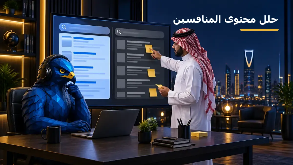مسوق سعودي يراجع صفحات نتائج البحث على شاشة في مكتب حديث وبجواره أفاتار الصقر الأزرق والذهبي