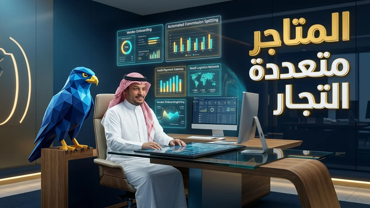 رائد أعمال سعودي مع تميمة الصقر الزرقاء يراجعان لوحة تحكم متجر إلكتروني متعدد التجار وبوابات الدفع والشحن