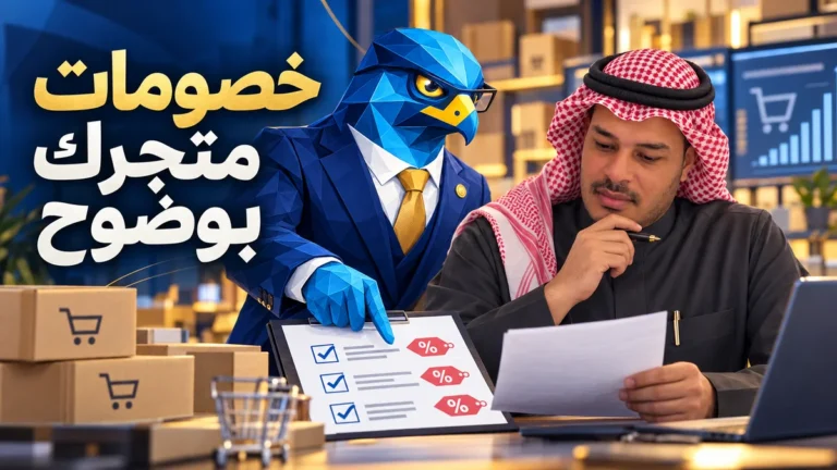 باسم بشماغ سعودي وثوب داكن ورجل الصقر الأزرق الهندسي يراجعان قائمة وضوح عرض تخفيض لمتجر إلكتروني