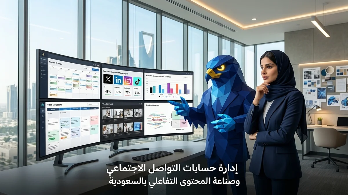 دليل إدارة حسابات التواصل الاجتماعي وصناعة المحتوى التفاعلي بالسعودية وهندسة نبرة الصوت المؤسسية مع وكالة الصقر