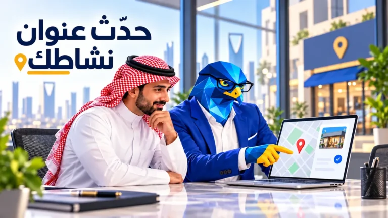 أفاتار رجل الصقر الأزرق يراجع موقع منشأة على الخريطة مع صاحب نشاط سعودي في مكتب حديث